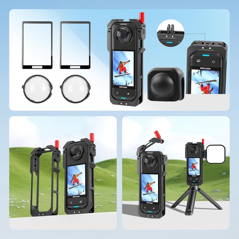ULYVU 6-in-1 Accessories Kit for Insta360 X5, Included Insta 360 X5 Premium Lens Guard, Metal Protective Case, 2 Pack of Tempered Glass Film Screen Protector, Silicone Protective Cover Bundle Kit - Image 2